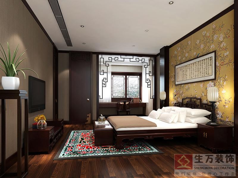 中式元素與現(xiàn)代材質(zhì)的巧妙兼柔，明清家具、窗欞、布藝床品相互輝映，再現(xiàn)了移步變景的精妙小品。